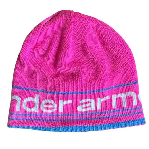 Under Armour Reversible Knit Beanie Hat Running Cap Pink Blue White Logo O/S - Picture 5 of 6